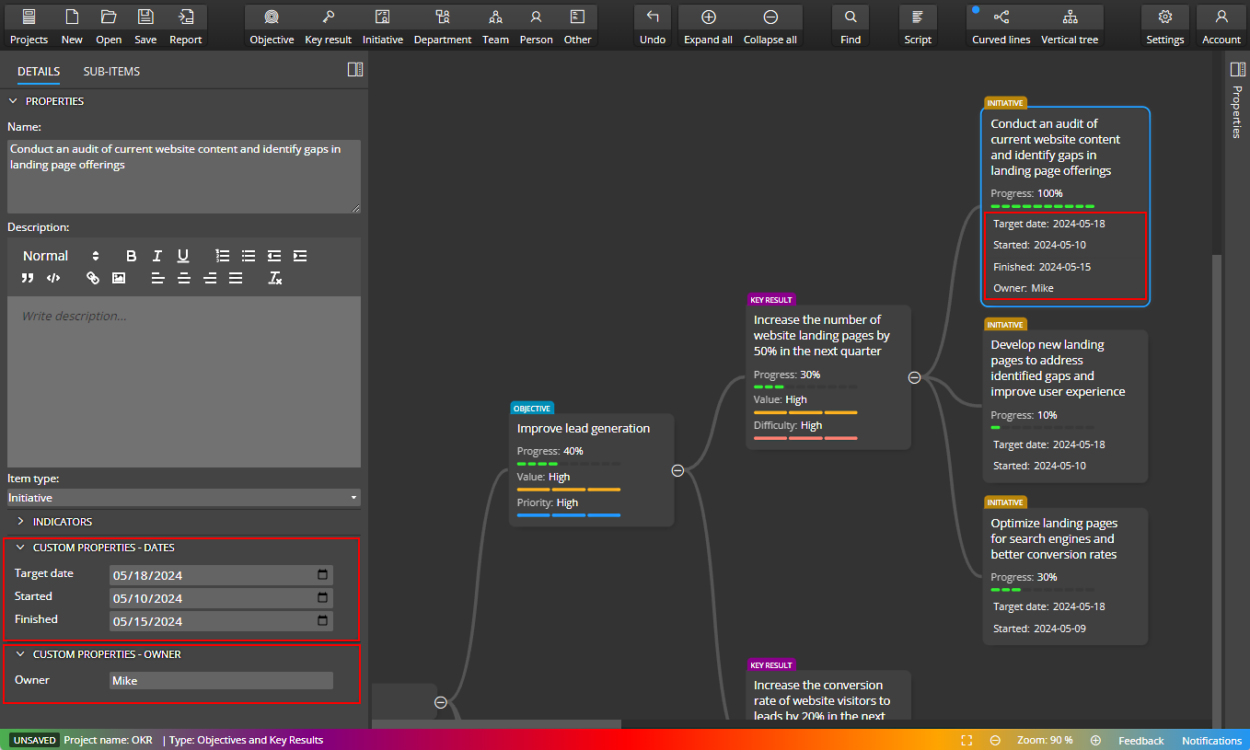 Ideamerit Designer for Mindmap and OKR. Custom properties displayed on the diagram.