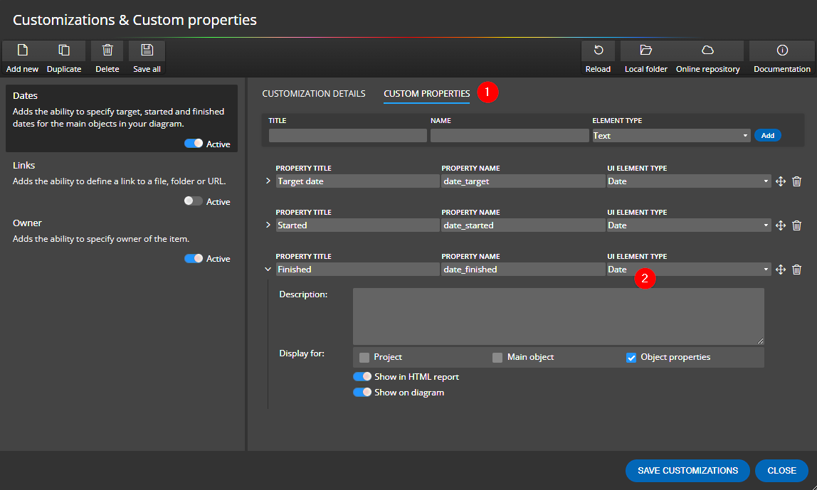 Custom Properties in the Ideamerit Designer user interface.