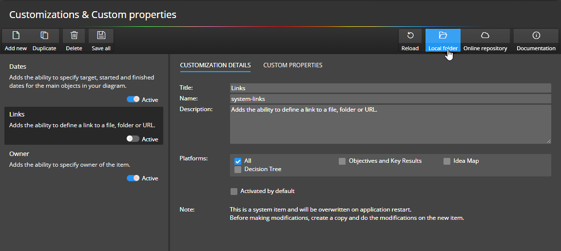Customizations and a local folder where the definition files are stored.
